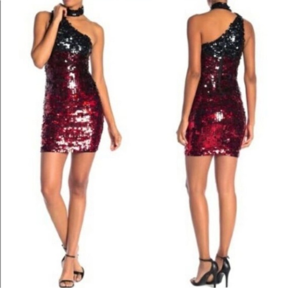 Alice + Olivia Ombré Red and Black Sequins One Shoulder Mini Dress - 4 - Picture 4 of 6